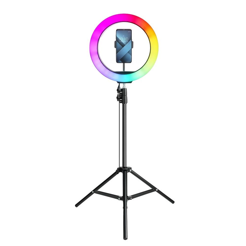LED Ring Stream RGB lamp 12" FULL COLOR with holder for mobile + tripod black