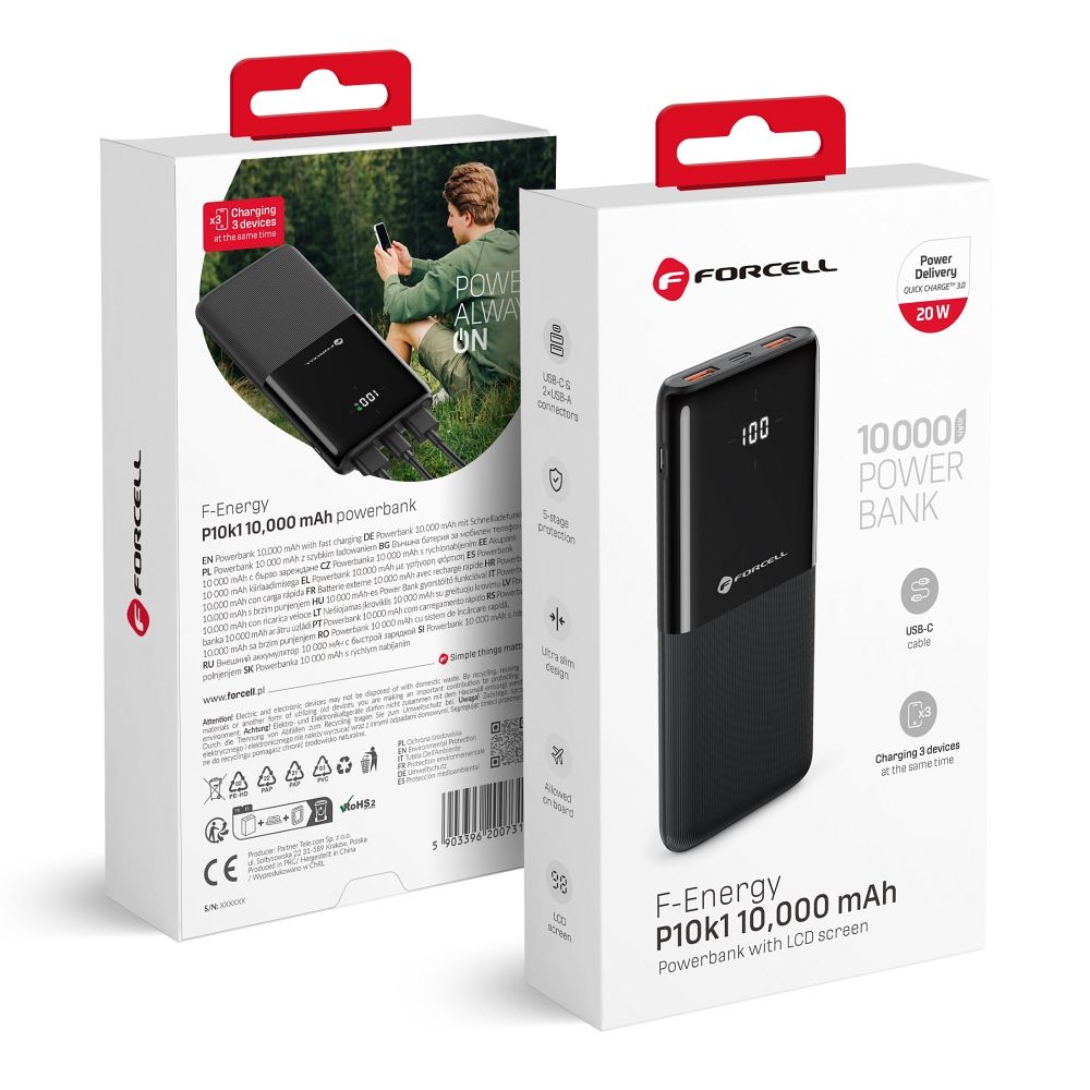FORCELL F-ENERGY P10k1 powerbank PD QC3.0 3A 20W 10000 mAh black