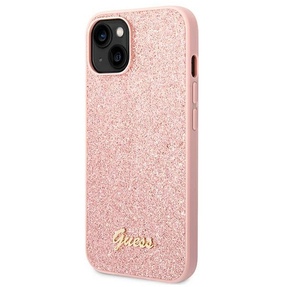 GUESS case for IPHONE 14 Plus GUHCP14MHGGSHP (Glitter Flakes Script Metal Logo) pink