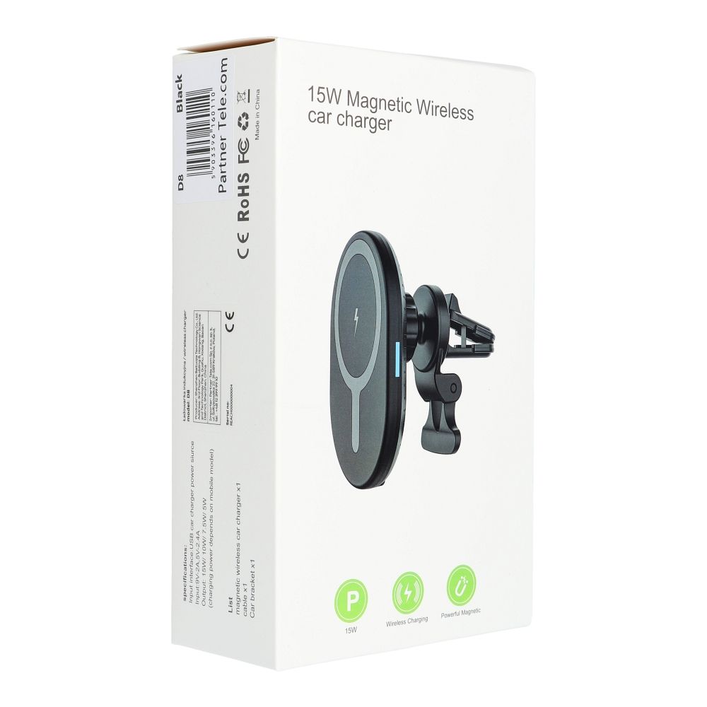 Magnetic car holder for air vent with wilress charging compatible with MagSafe 15W D8 black