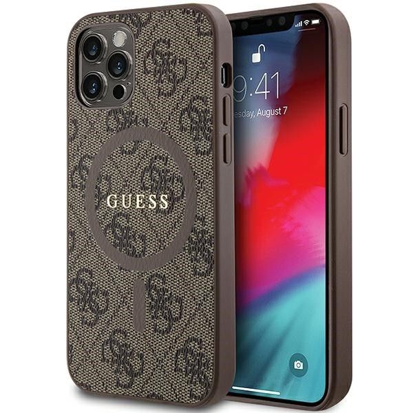 GUESS case for IPHONE 12 / 12 Pro compatible with MagSafe GUHMP12MG4GFRW (4G Ring classic logo) brown