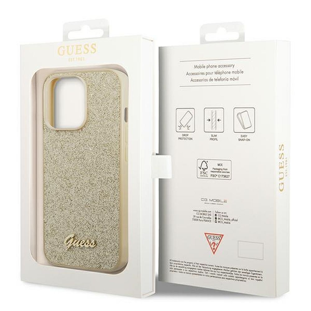 GUESS case for IPHONE 14 Pro GUHCP14LHGGSHD (Glitter Flakes Script Metal Logo) gold