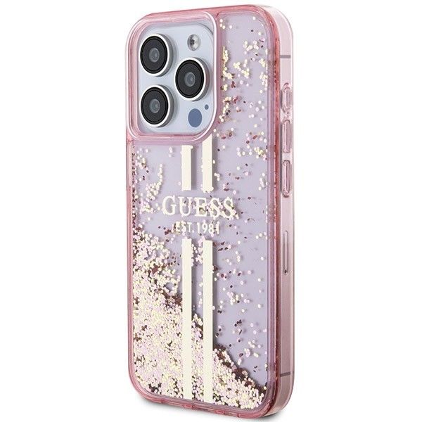 GUESS case for IPHONE 15 Pro GUHCP15LLFCSEGP (Liquid Glitter Gold Stripes) pink