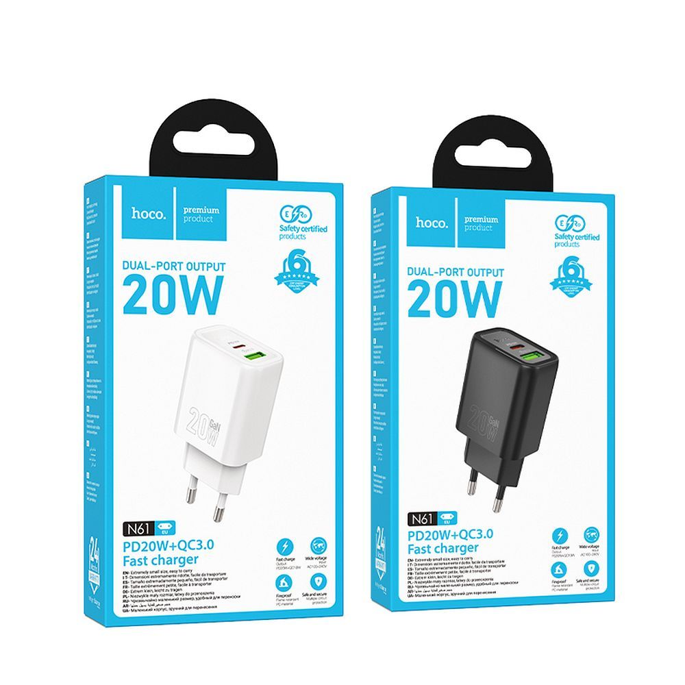 HOCO wall charger USB A + Type C PD QC3.0 3A 20W N61 white
