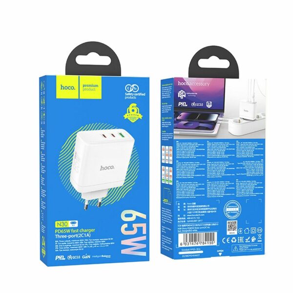 HOCO wall charger 2 x Type C + USB A QC PD 65W GaN N30 white