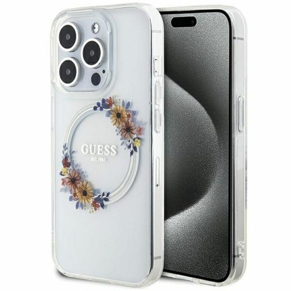 GUESS case for IPHONE 15 Pro compatible with MagSafe GUHMP15LHFWFCT (Flowers Wreath) transparent