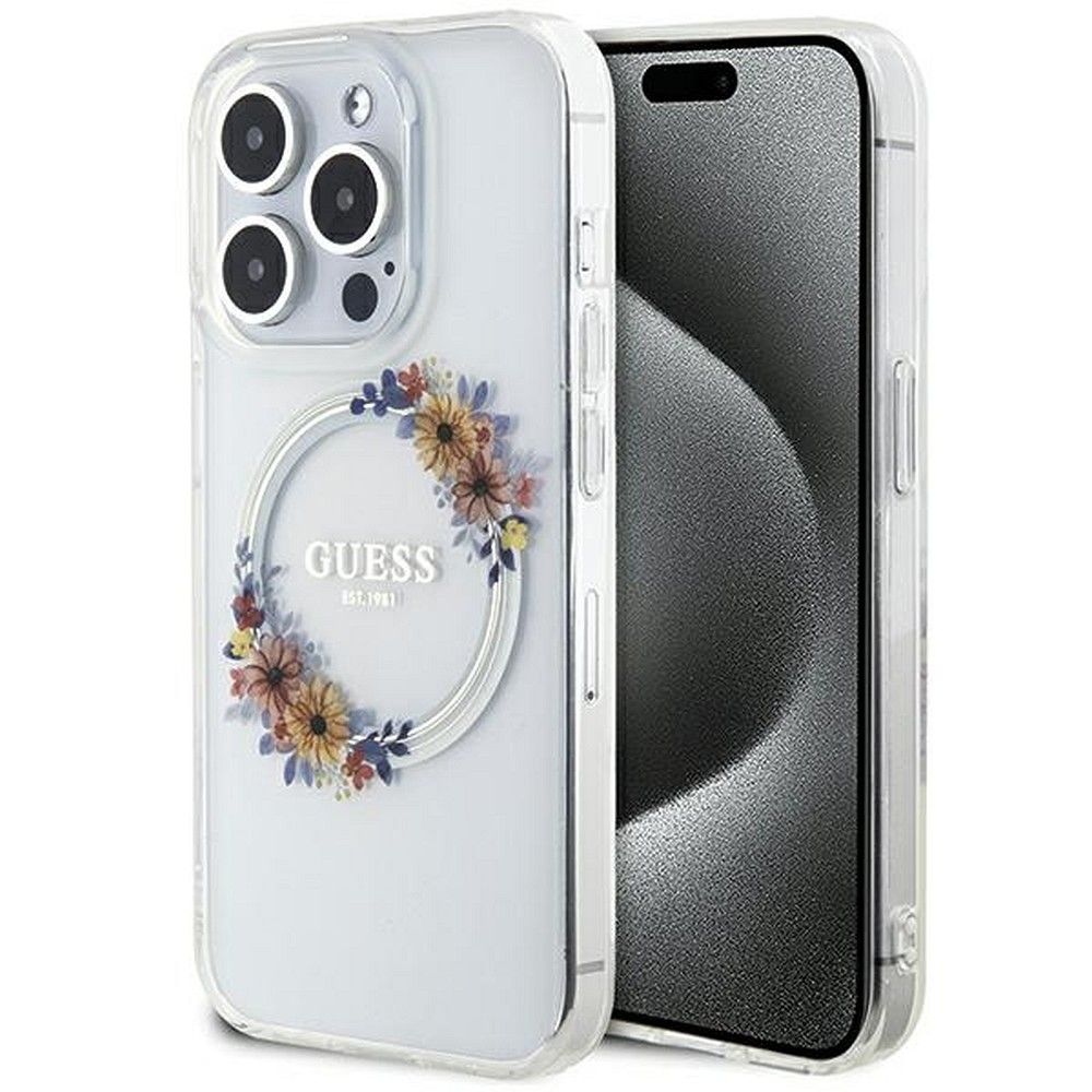 GUESS case for IPHONE 15 Pro compatible with MagSafe GUHMP15LHFWFCT (Flowers Wreath) transparent