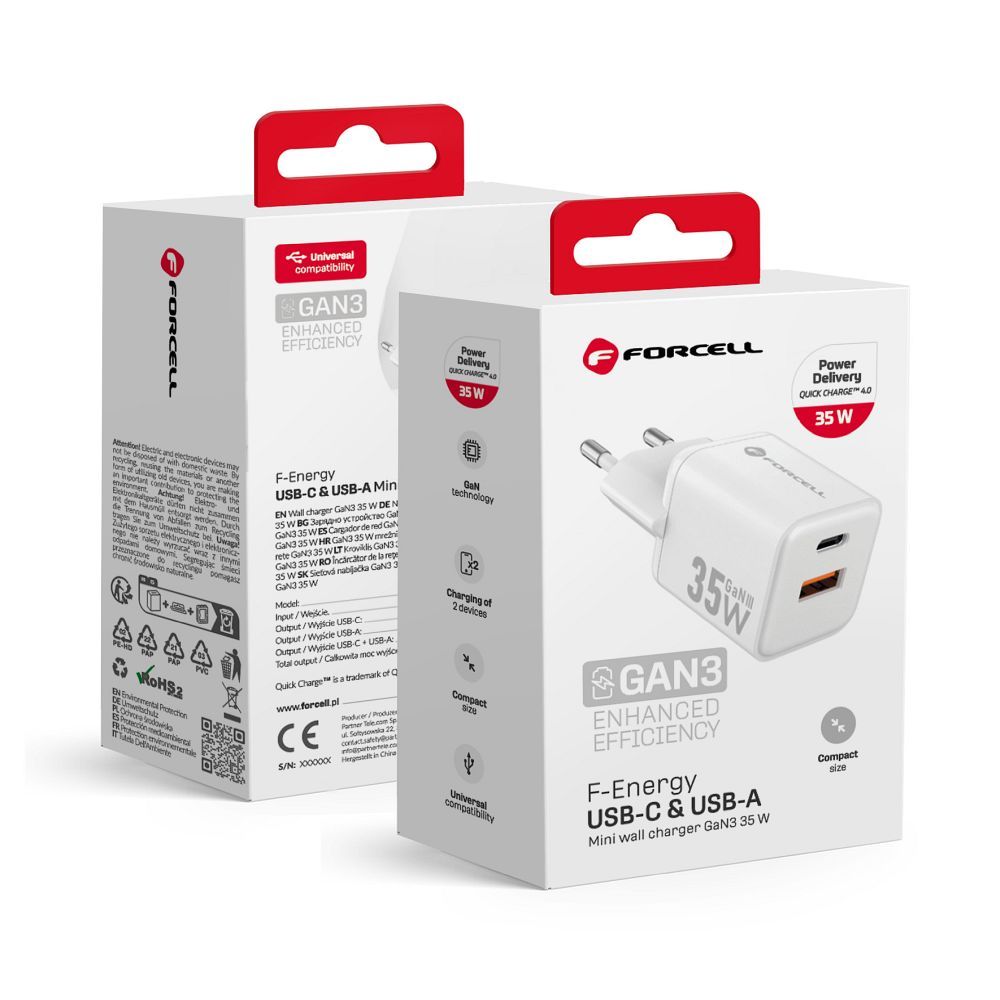FORCELL F-ENERGY Mini GaN III VT-35C travel charger with 1 x Type C + 1x USB A sockets, PD QC4.0 35W white