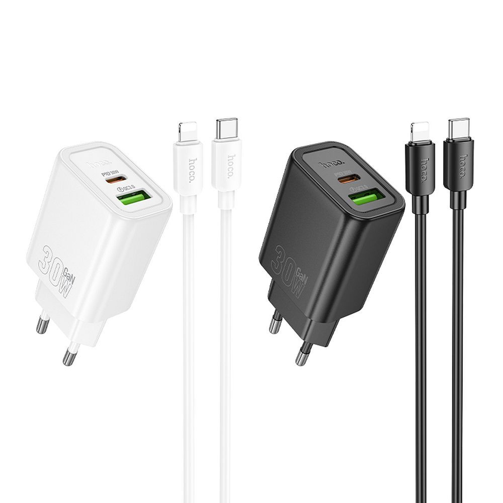 Φορτιστής Τοίχου HOCO USB A & Type C + Καλώδιο Type C σε Lightning PD QC3.0 3A 30W N63 Μαύρος