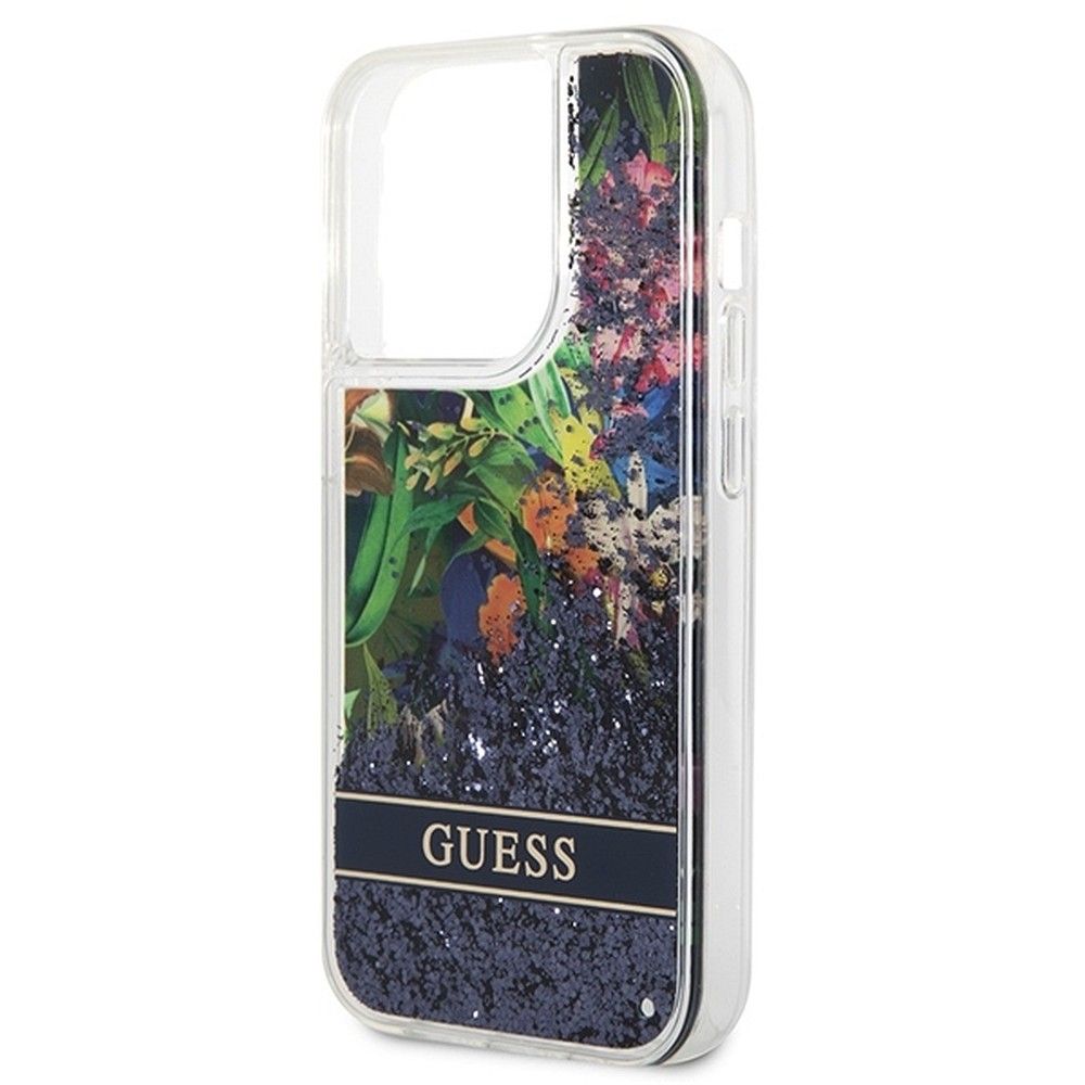 GUESS case for IPHONE 14 Pro GUHCP14LLFLSB (Flower Liquid Glitter) blue