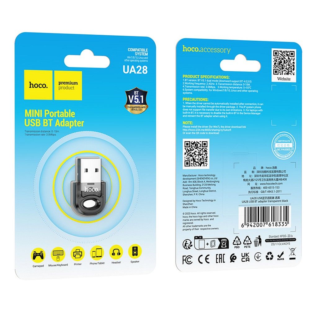 HOCO adapter USB A bluetooth UA28 transparent black