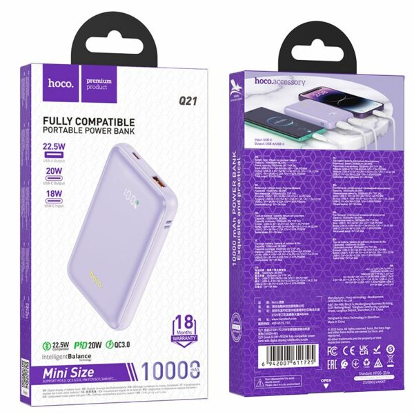 Power Bank HOCO 10000mAh PD QC3.0 3A 22,5W Q21 purple