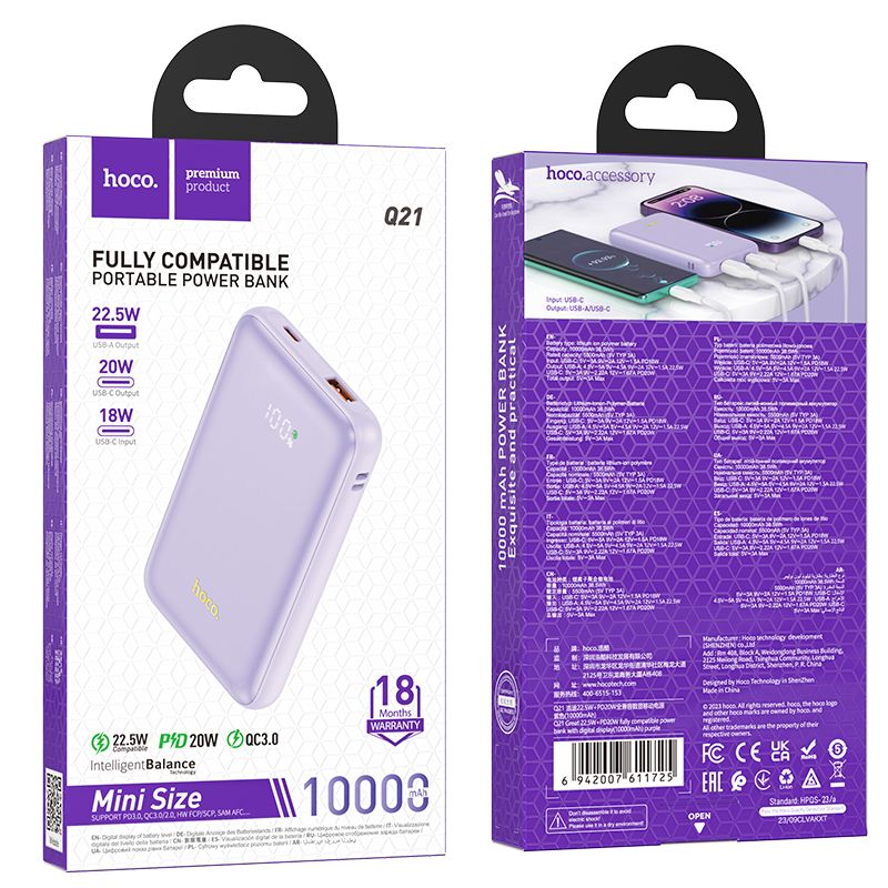 Power Bank HOCO 10000mAh PD QC3.0 3A 22,5W Q21 purple