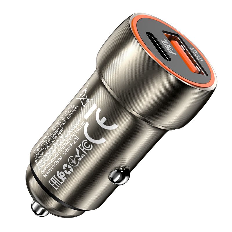 HOCO car charger USB A + Type C PD QC3.0 3A 20W Z46A metal gray