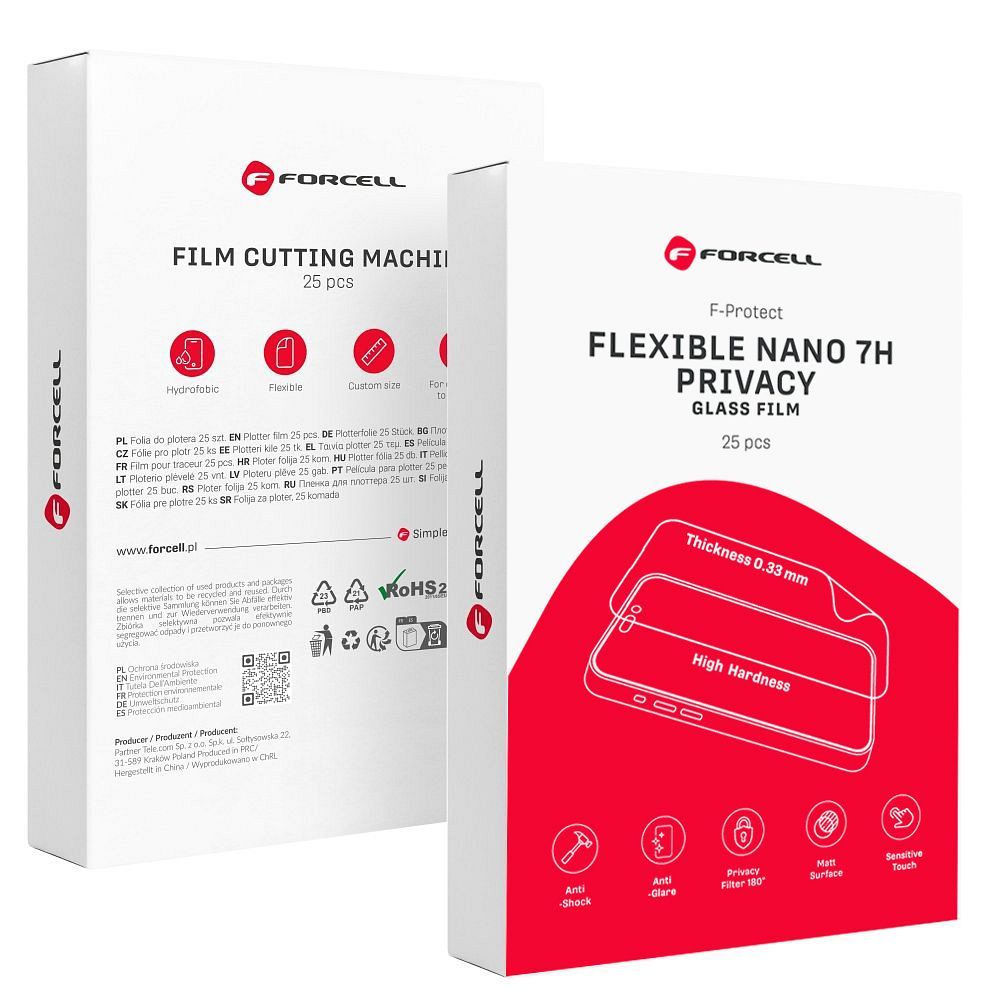 FORCELL F-PROTECT FLEXIBLE NANO 7H PRIVACY hybrid nano glass film for smart cutting machine 196x125mm (25 pcs/set)