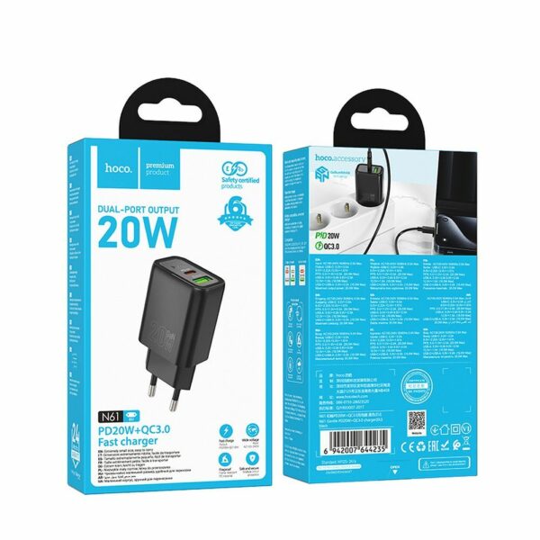 HOCO wall charger USB A + Type C PD QC3.0 3A 20W N61 black