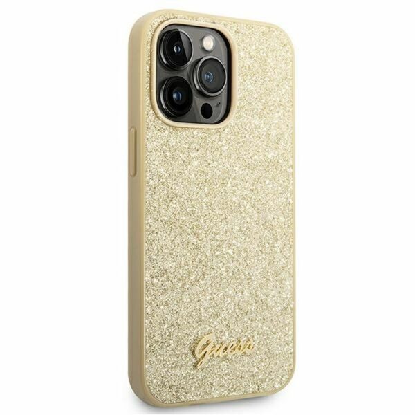 GUESS case for IPHONE 14 Pro GUHCP14LHGGSHD (Glitter Flakes Script Metal Logo) gold