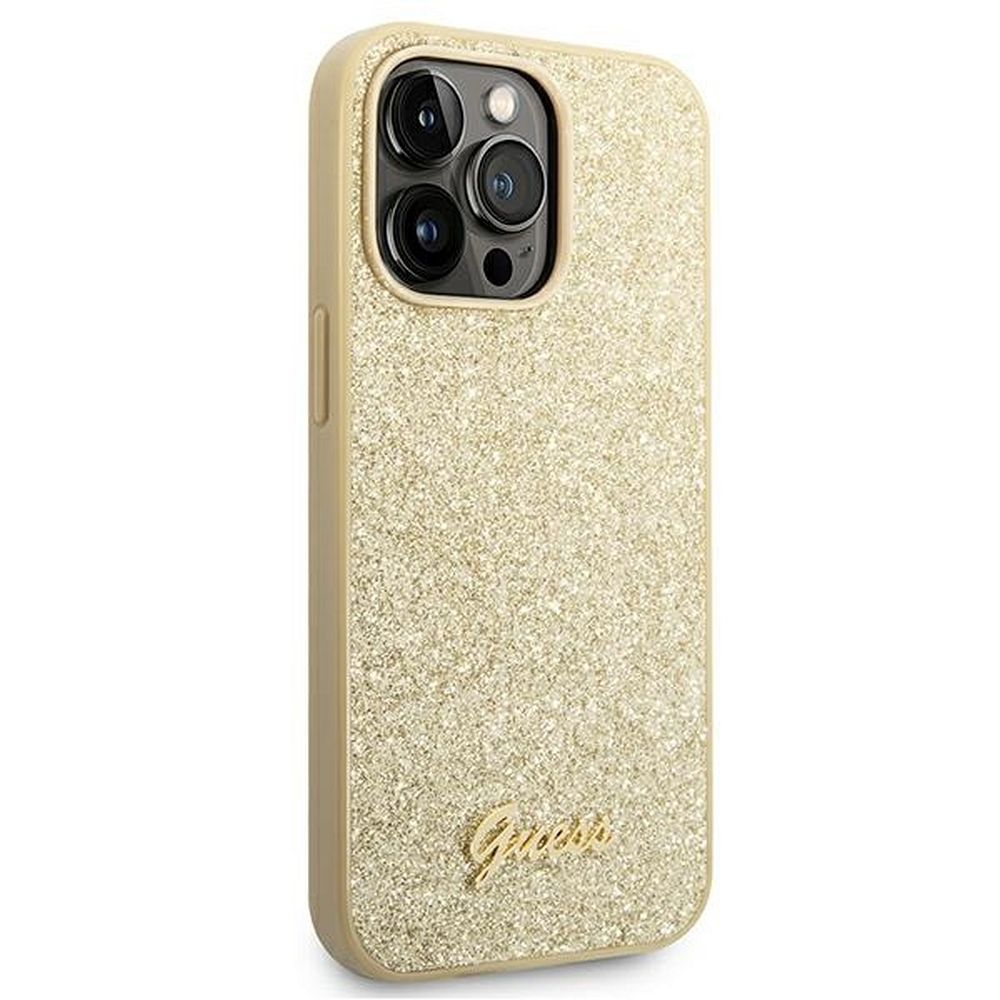 GUESS case for IPHONE 14 Pro GUHCP14LHGGSHD (Glitter Flakes Script Metal Logo) gold