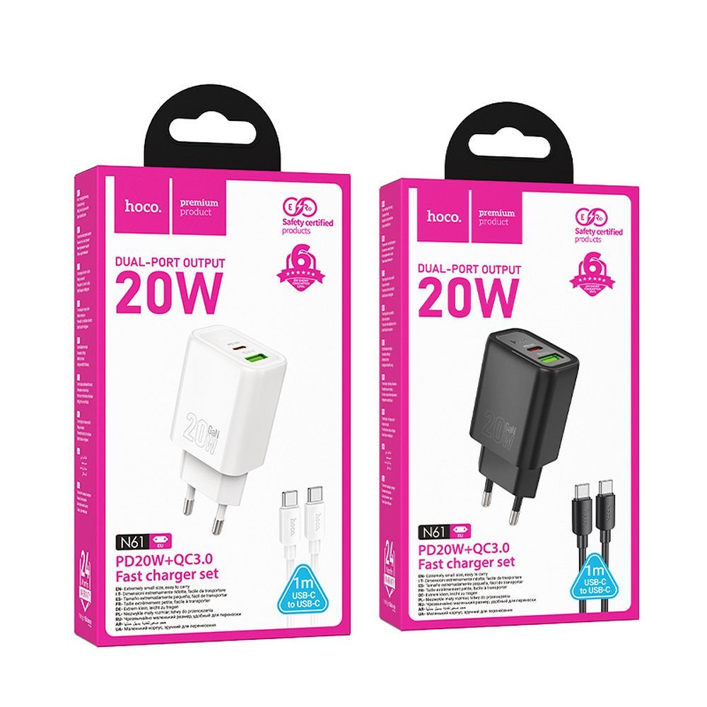HOCO wall charger USB A + Type C + cable Type C to Type C PD QC3.0 3A 20W N61 white