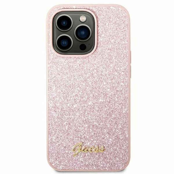 GUESS case for IPHONE 14 Pro GUHCP14LHGGSHP (Glitter Flakes Script Metal Logo) pink