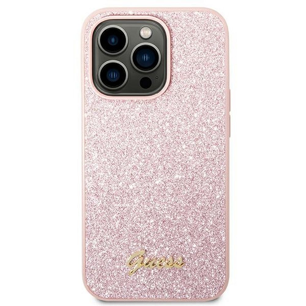 GUESS case for IPHONE 14 Pro GUHCP14LHGGSHP (Glitter Flakes Script Metal Logo) pink