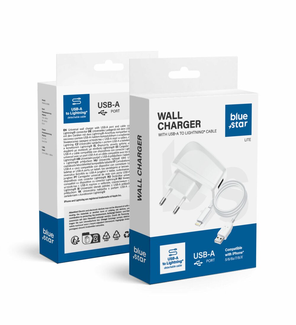 750fa027431982c3406be82b539c49ab BLUE STAR LITE travel charger 1A 5W USB A + cable USB A to Lightning TFK-TC-1095B white