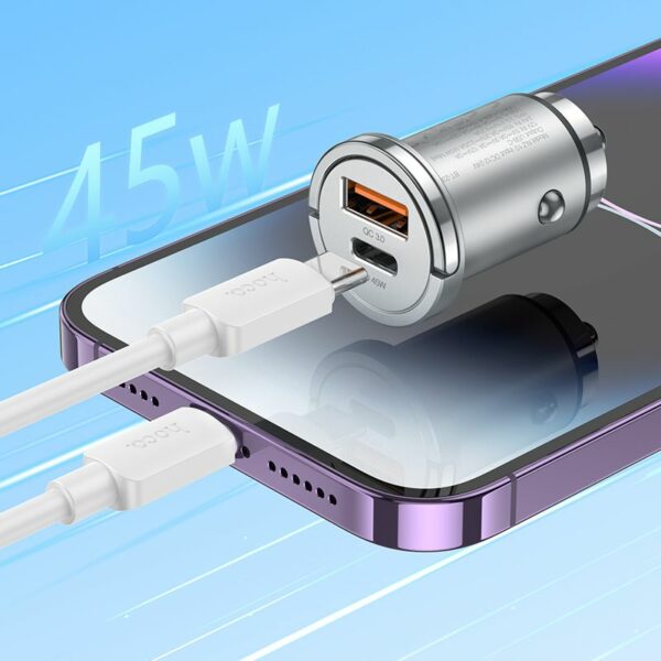 HOCO car charger USB A + Type C + cable Type C to Lightning PD QC3.0 4A 45W NZ10 silver