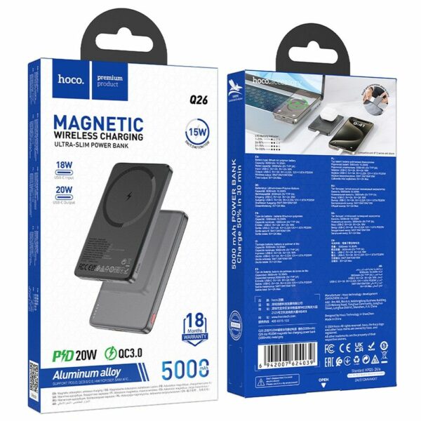 HOCO powerbank 5000 mAh compatible with MagSafe PD QC 2A 20W Q26 metal gray