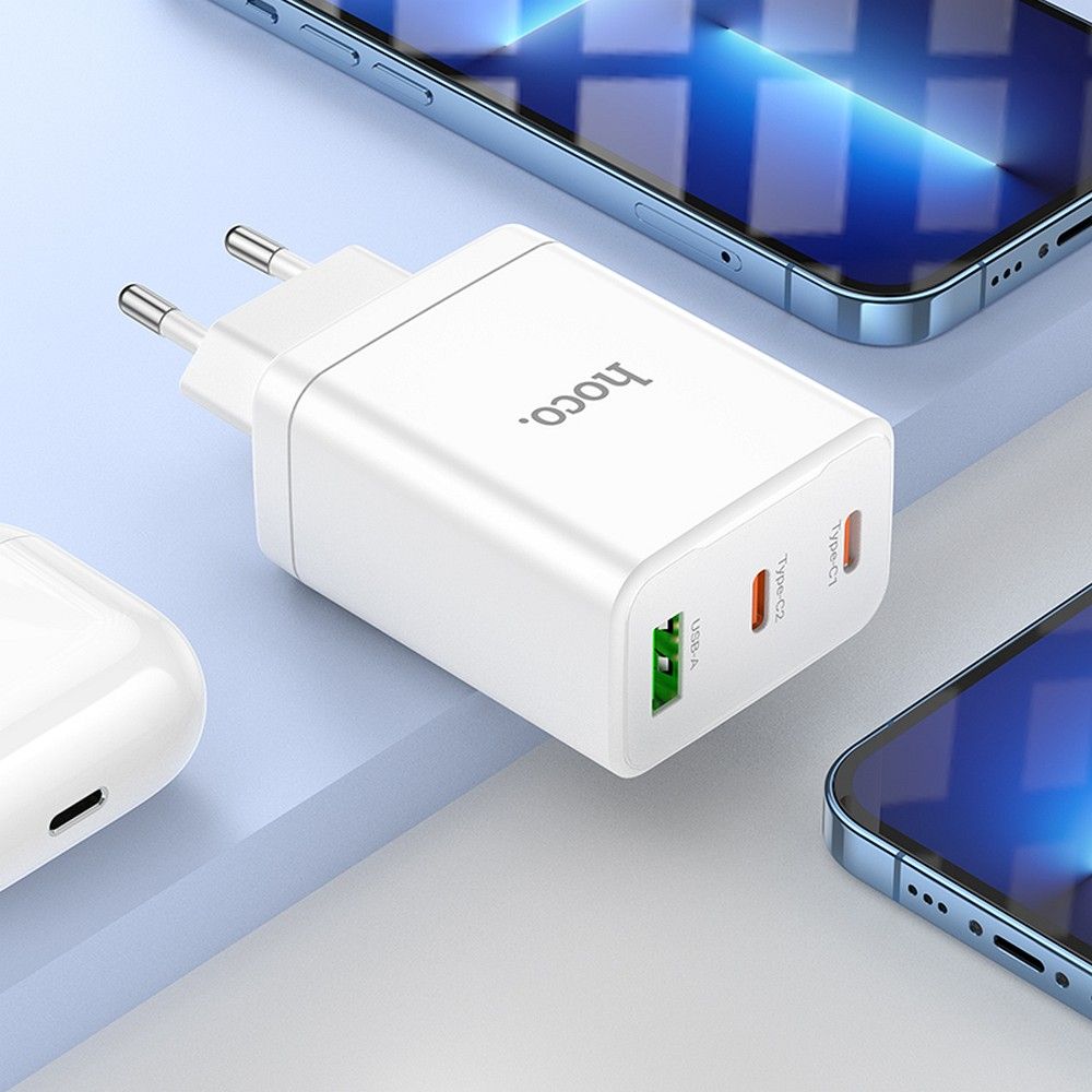 HOCO charger 2 x Type C + USB A + cable Type C to Lightning PD QC3.0 3A 35W N33 white