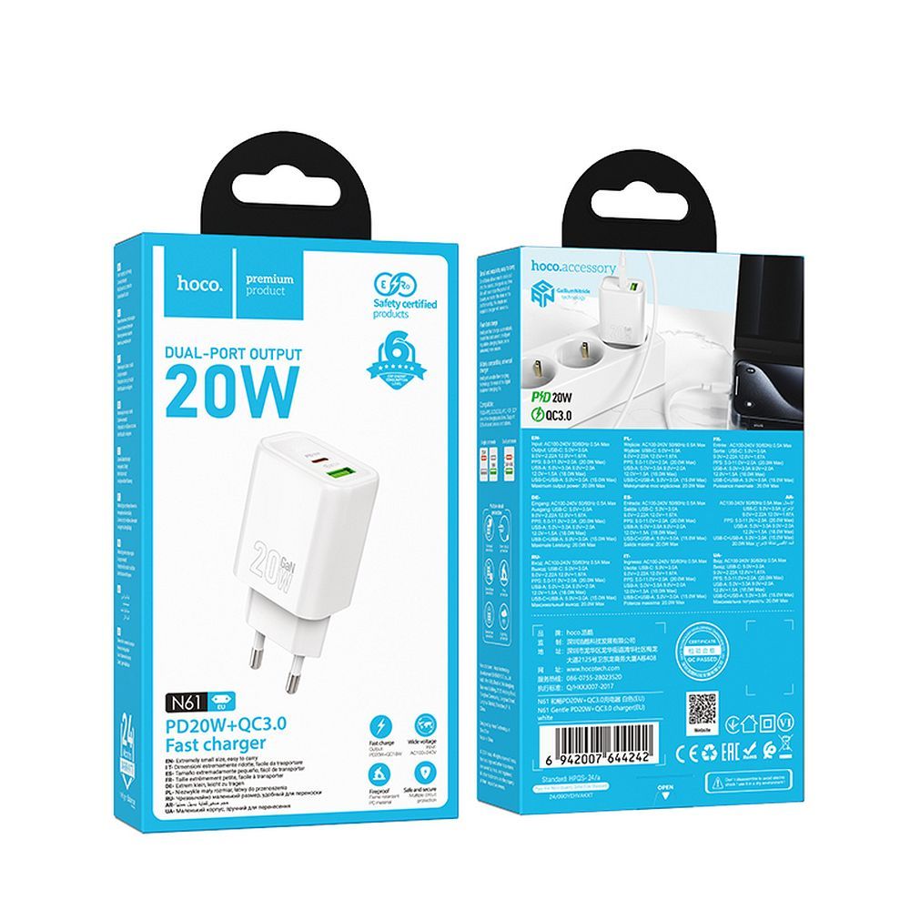 HOCO wall charger USB A + Type C PD QC3.0 3A 20W N61 white