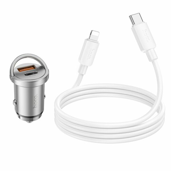 HOCO car charger USB A + Type C + cable Type C to Lightning PD QC3.0 4A 45W NZ10 silver