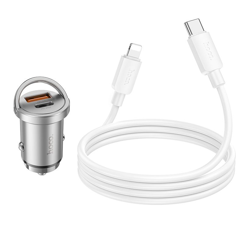 HOCO car charger USB A + Type C + cable Type C to Lightning PD QC3.0 4A 45W NZ10 silver