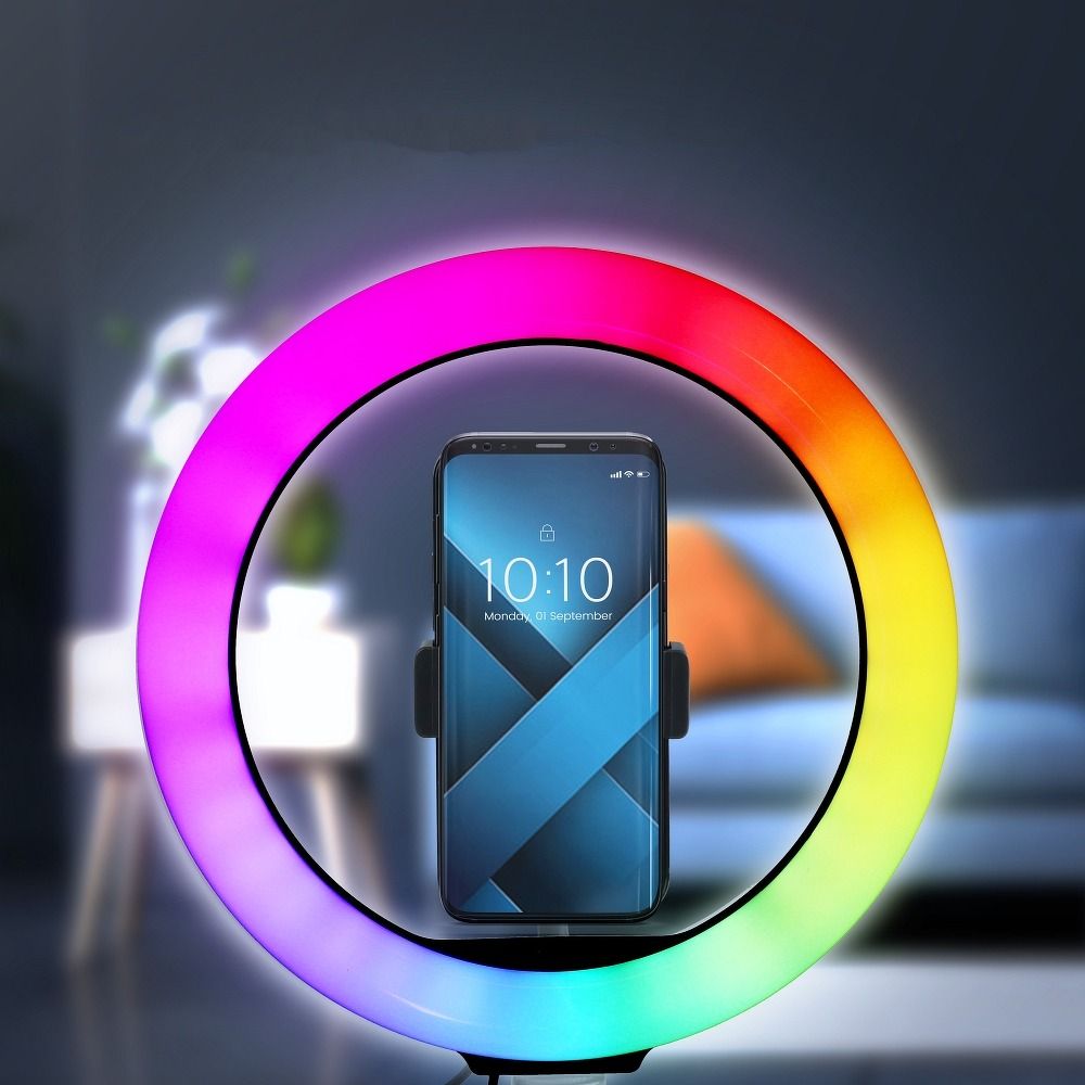 LED Ring Stream RGB lamp 12" FULL COLOR with holder for mobile + tripod black