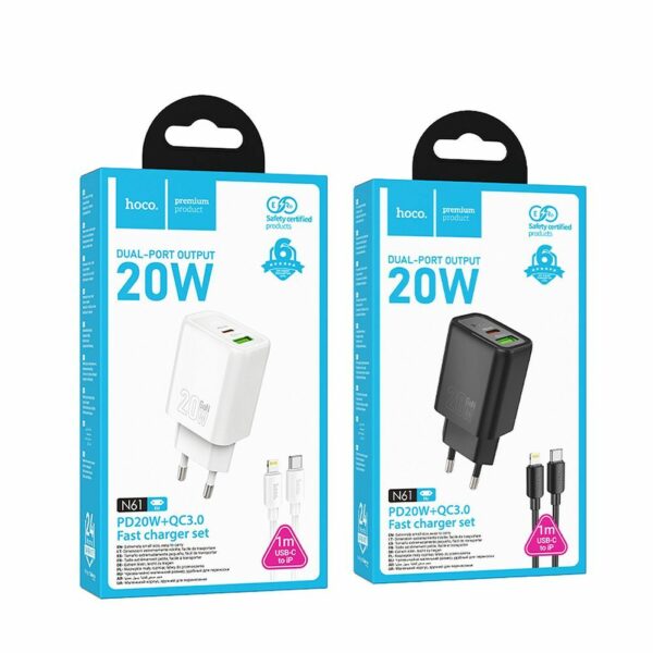 HOCO wall charger USB A + Type C + cable Type C to Type C PD QC3.0 3A 20W N61 black