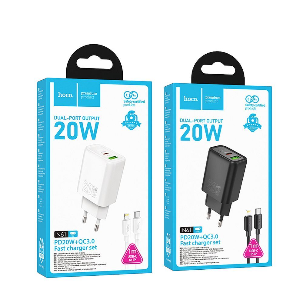 HOCO wall charger USB A + Type C + cable Type C to Type C PD QC3.0 3A 20W N61 black