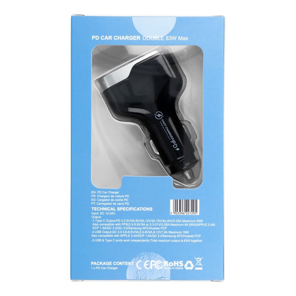 Car charger USB A + Type C PD QC3.0 3A 83W CC53-1A1C black