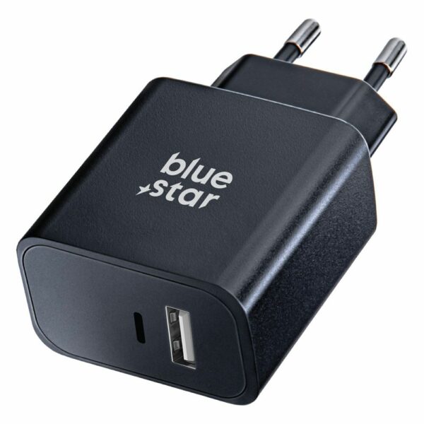 BLUE STAR travel charger with USB C+USB-A sockets PD QC4.0 3A 25W TFB-TC-25WPD black