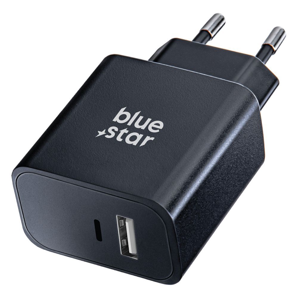 BLUE STAR travel charger with USB C+USB-A sockets PD QC4.0 3A 25W TFB-TC-25WPD black
