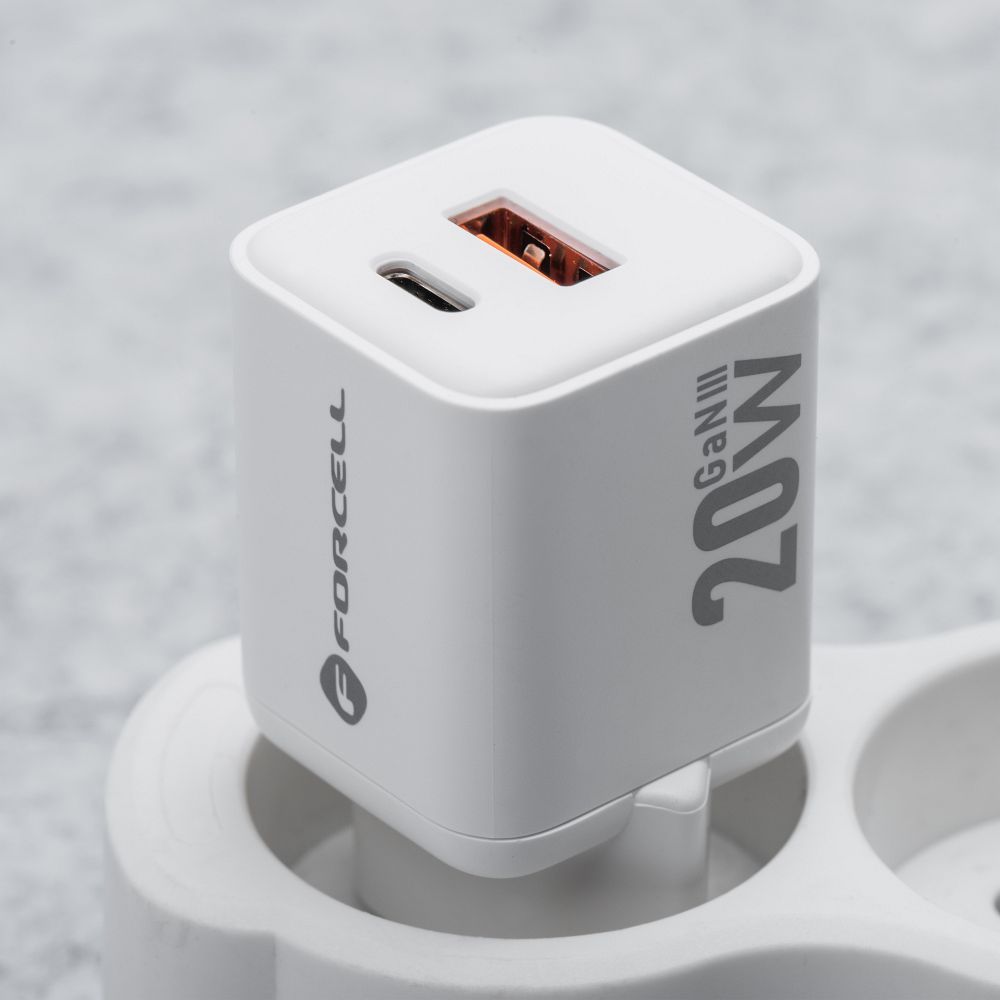 FORCELL F-ENERGY Mini GaN III VT-35A travel charger with 1 x Type C + 1x USB A sockets, PD QC4.0 20W white