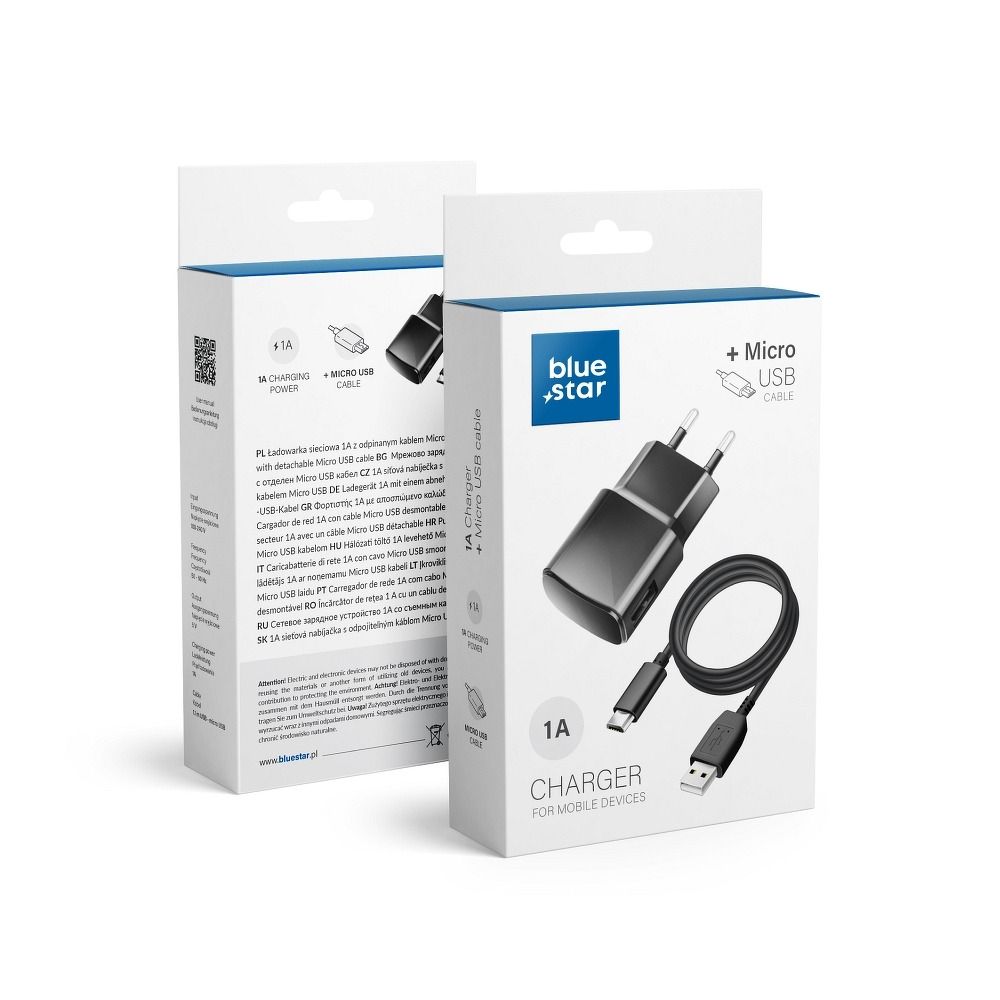 93dbc7ea9eb0515bb630b1ccd27f05f0 BLUE STAR travel charger 1A 5W USB A + cable USB A to Micro USB TFK-TC-1100B black