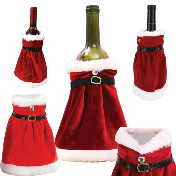 Christmas Bottle Cover "Christmas Dress" Pattern RC-K-301 Multicolor   Bottle Decoration for the Holidays This charming bottle cover in the shape of a Christmas dress is a delightful way to decorate bottles during the Christmas season. Perfect for gifts, Christmas table decorations, or as a fun addition to bottles of drinks during holiday parties.   Colorful, Festive Design The cover features a cheerful mix of red, green, and white, creating a joyful holiday atmosphere. It looks like a mini dress, giving the bottle a unique and decorative touch.   Versatile Use Ideal for wine, champagne, juice, or any other bottles. A perfect way to transform an ordinary bottle into a festive holiday decoration.   Great Gift Idea This bottle cover also makes a great gift idea – a decorated bottle becomes an original and special present for loved ones. ✅ Specifications: Model: RC-K-301 Pattern: Christmas dress Color: Multicolor (red, green, white) Use: Bottle decoration, gift, Christmas table ornament Material: Fabric ✨ Add a touch of holiday magic – beautiful bottle cover for your celebrations!