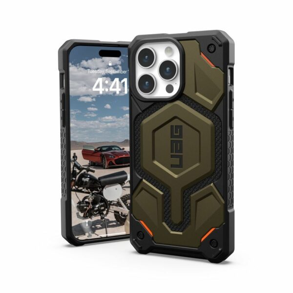 UAG Urban Armor Gear case MONARCH PRO compatible with MagSafe for IPHONE 15 Pro Max kevlar element green