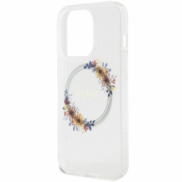 GUESS case for IPHONE 15 Pro compatible with MagSafe GUHMP15LHFWFCT (Flowers Wreath) transparent