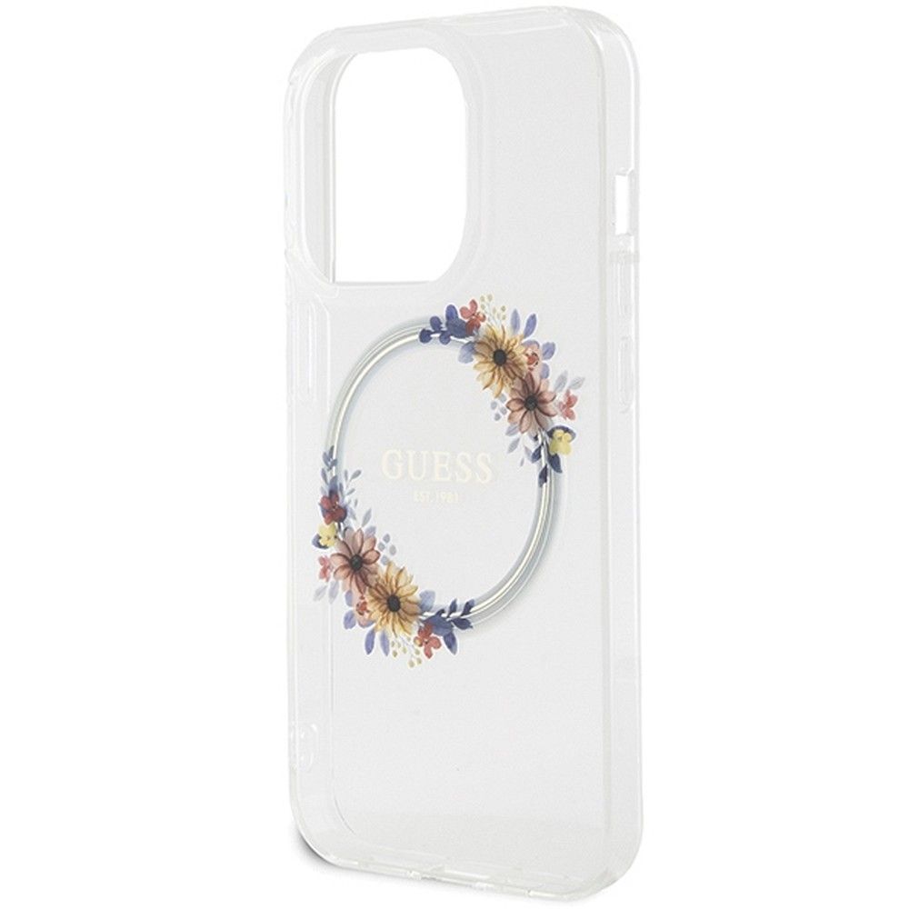 GUESS case for IPHONE 15 Pro compatible with MagSafe GUHMP15LHFWFCT (Flowers Wreath) transparent