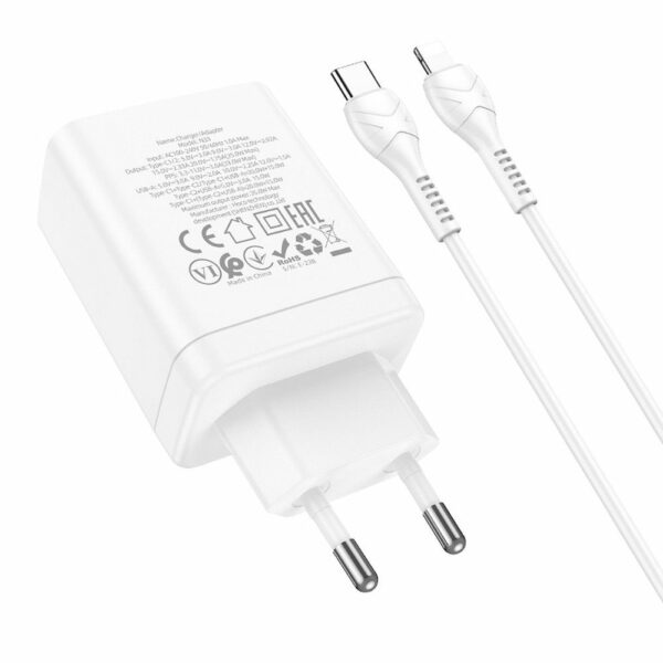 HOCO charger 2 x Type C + USB A + cable Type C to Lightning PD QC3.0 3A 35W N33 white