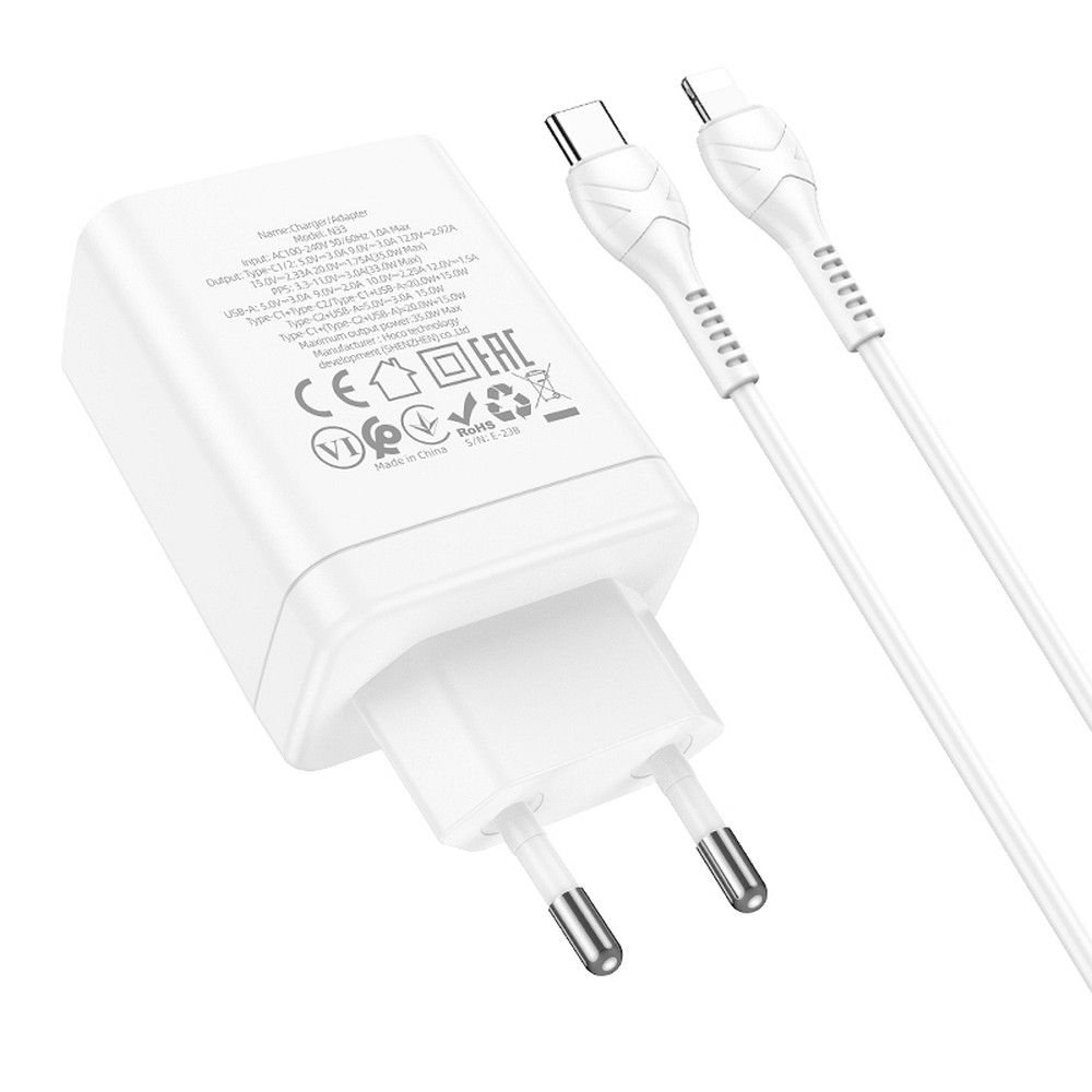 HOCO charger 2 x Type C + USB A + cable Type C to Lightning PD QC3.0 3A 35W N33 white