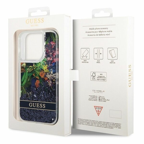 GUESS case for IPHONE 14 Pro GUHCP14LLFLSB (Flower Liquid Glitter) blue