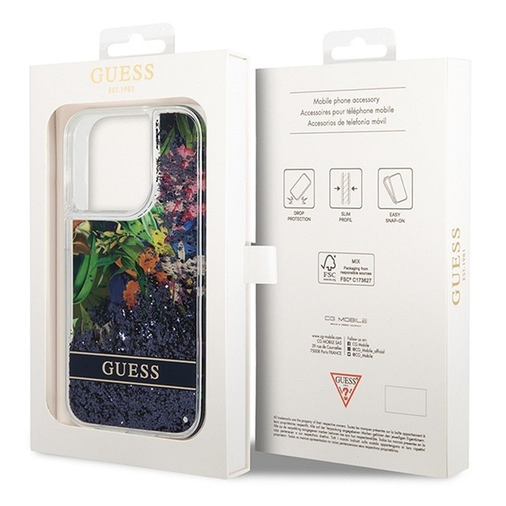 GUESS case for IPHONE 14 Pro GUHCP14LLFLSB (Flower Liquid Glitter) blue