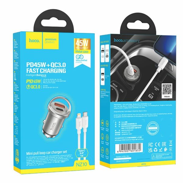 HOCO car charger USB A + Type C + cable Type C to Lightning PD QC3.0 4A 45W NZ10 silver