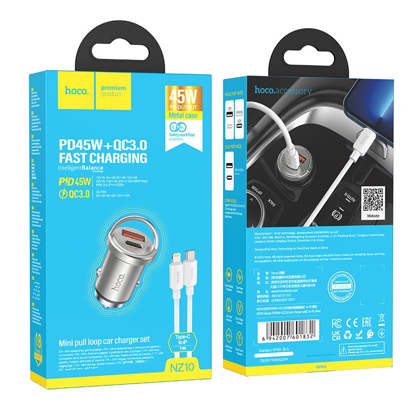 HOCO car charger USB A + Type C + cable Type C to Lightning PD QC3.0 4A 45W NZ10 silver